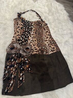 Leopard Print Halter Dress with Embellished Bow